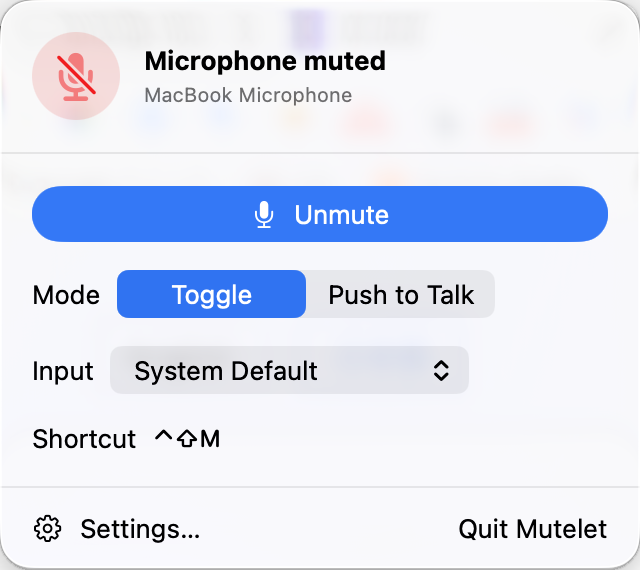 Mutelet menu showing a muted microphone